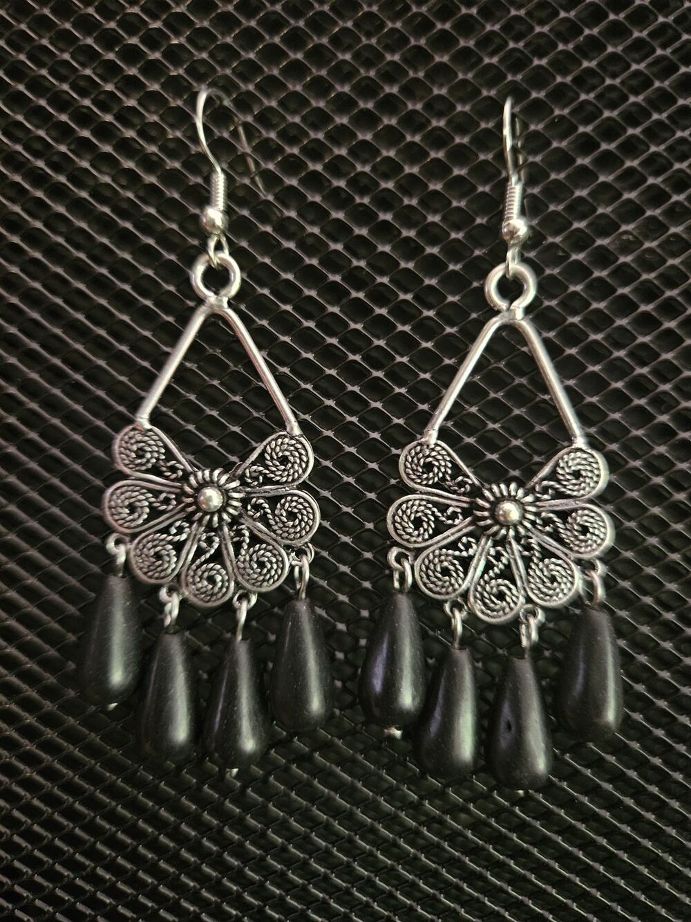 Antique silver swirl and black stone teardrop chandelier earrings